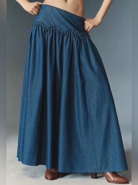 Mare Mare x Anthropologie Basque Waist Denim Maxi Skirt Blue Ruffle Size S
